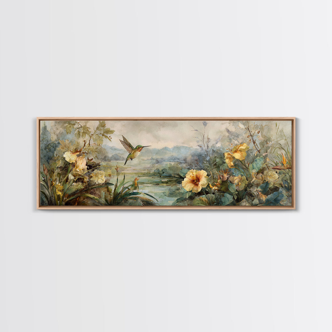 Hummingbird Beside Bright Trumpet Flowers Canvas Print, Nature Art, Home Decor, Living Room Decor, Oil Painting, Nature, NAT-3x1-76