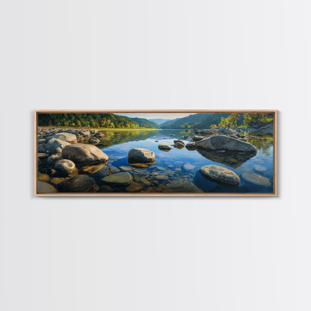 River Stones under Clear Shallow Water Framed Canvas Print, Nature Art, Stained Glass Art, Living Room Decor, Fine Art, Nature, NAT-3x1-77