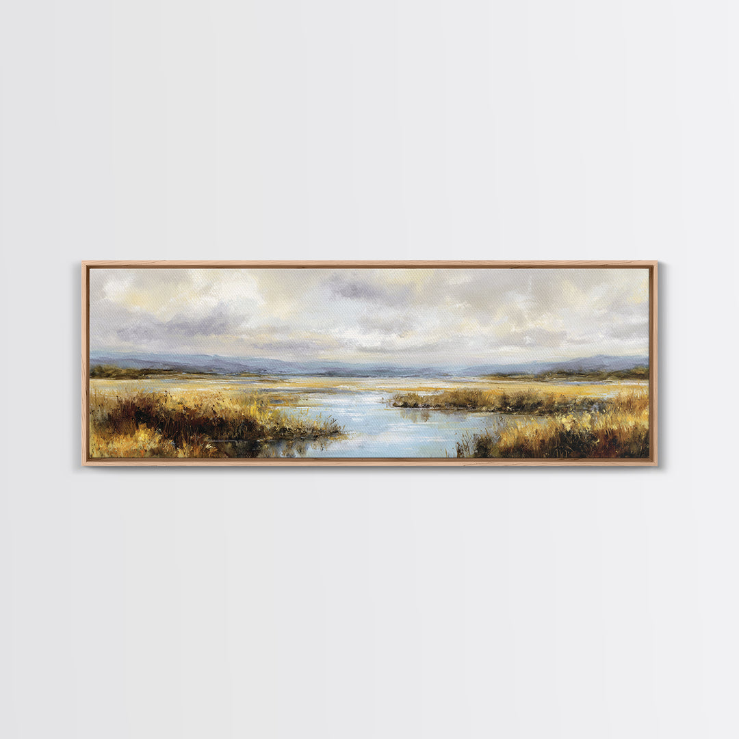 Dragonfly over a Pond with Reeds Framed Canvas Print, Nature Art, Wood Wall Art, Living Room Decor, Fine Art, Nature, NAT-3x1-82