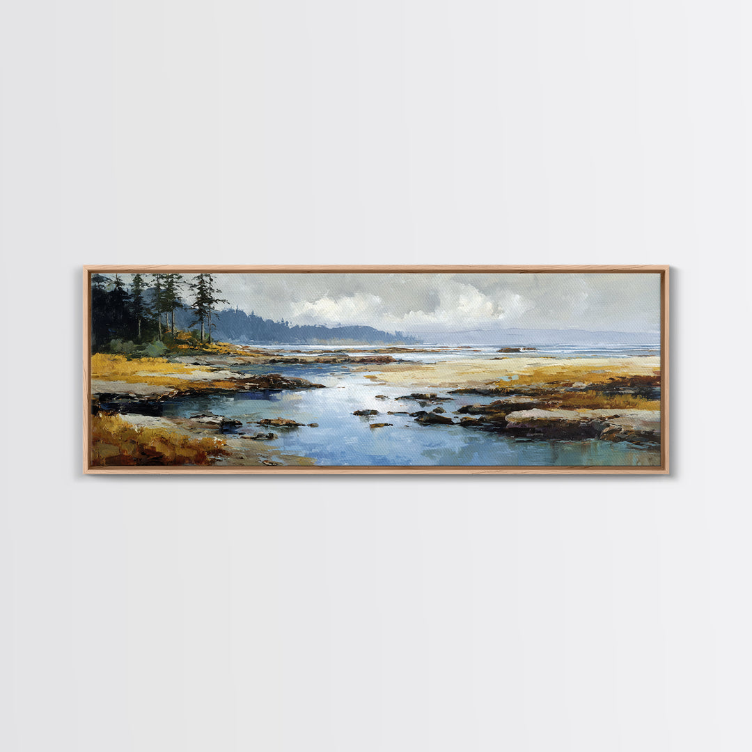 Calm Beach Tide Pooling Around Rocks Canvas Print, Nature Art, Minimalist Decor, Living Room Decor, Oil Painting, Nature, NAT-3x1-88