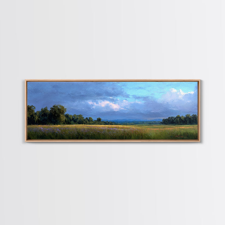 Wildflower Meadow under Soft Summer Sky Framed Canvas Print, Nature Art, Stained Glass Art, Living Room Decor, Fine Art, Nature, NAT-3x1-90