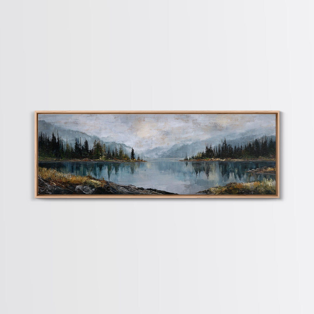 Misty Mountain Lake Canvas Print, Nature Art, Mountain Art, Living Room Decor, Oil Painting, Nature, Minimalist Decor, NAT-3x1-93