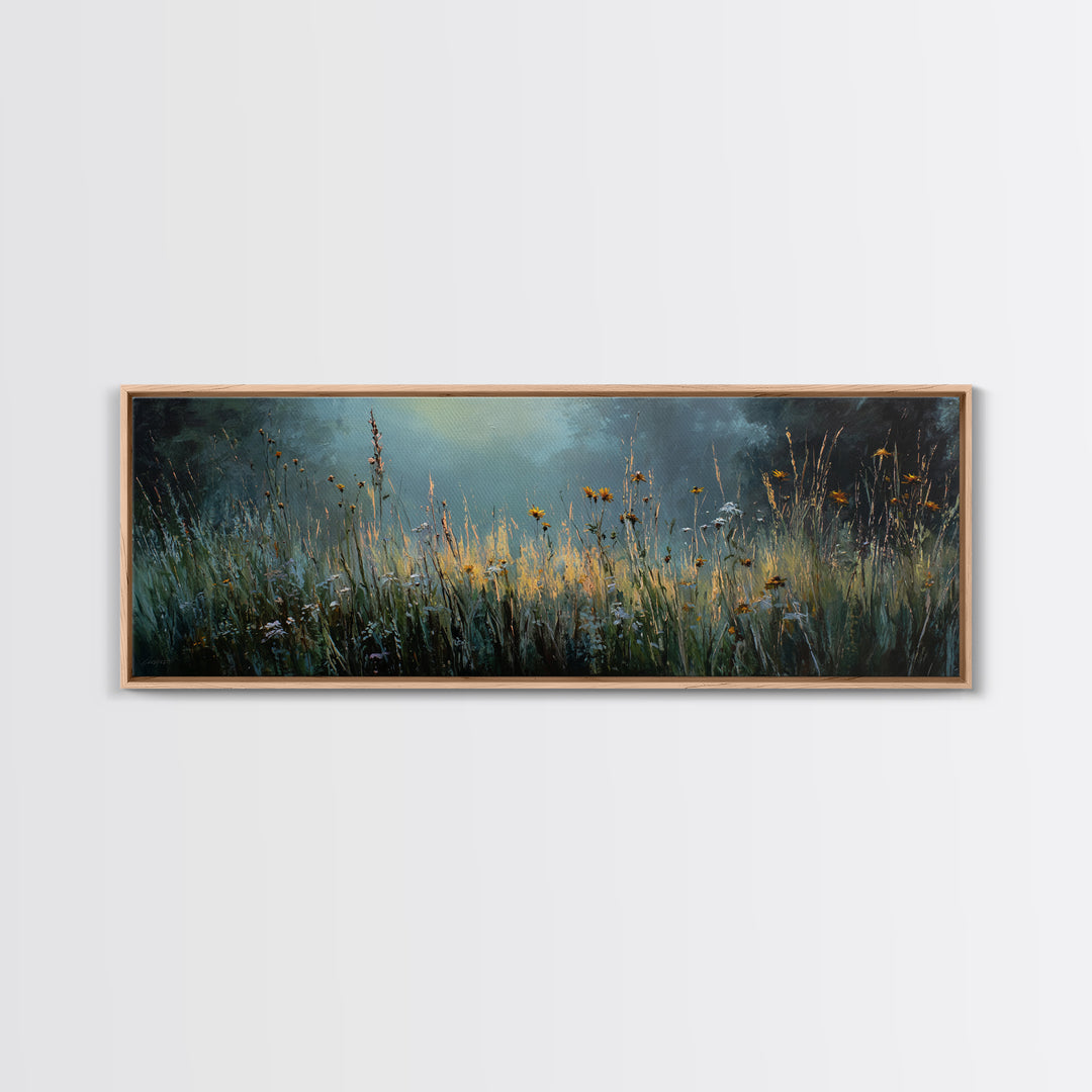 Sunrise Through Tall Grass and Wildflowers Framed Canvas Print, Nature Art, Living Room Decor, Oil Painting, Nature, NAT-3x1-99