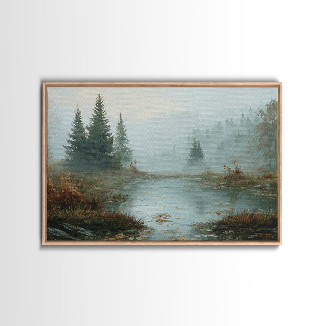 Autumn Leaves Floating on Quiet Stream Framed Canvas Print, Nature Art, Framed Art, Living Room Decor, Fine Art, Nature, NAT-3x2-10