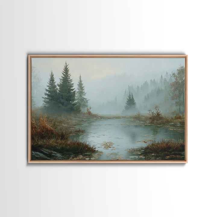 Autumn Leaves Floating on Quiet Stream Framed Canvas Print, Nature Art, Framed Art, Living Room Decor, Fine Art, Nature, NAT-3x2-10