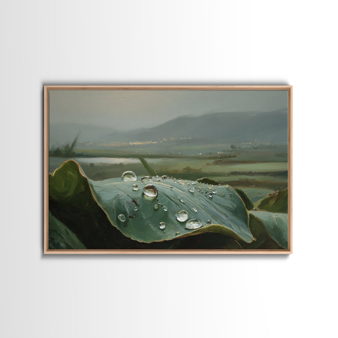 Rain Drops on a Large Green Leaf Framed Canvas Print, Nature Art, 3d Wall Art, Living Room Decor, Watercolor Art, Nature, NAT-3x2-13