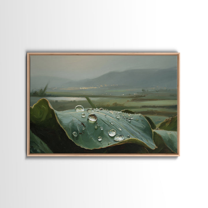 Rain Drops on a Large Green Leaf Framed Canvas Print, Nature Art, 3d Wall Art, Living Room Decor, Watercolor Art, Nature, NAT-3x2-13