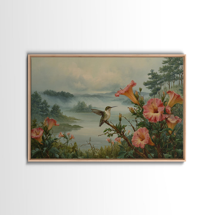 Hummingbird Beside Bright Trumpet Flowers Canvas Print, Nature Art, Living Room Decor, Watercolor Art, Nature, Ocean Art, NAT-3x2-16