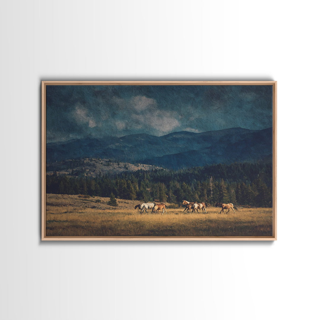 Wild Horses Running Near Mountain Ridge Framed Canvas Print, Nature Art, Wall Decor, Living Room Decor, Fine Art, Nature, NAT-3x2-2