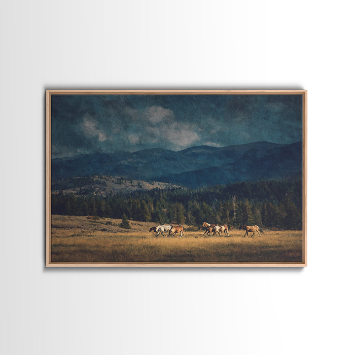 Wild Horses Running Near Mountain Ridge Framed Canvas Print, Nature Art, Wall Decor, Living Room Decor, Fine Art, Nature, NAT-3x2-2