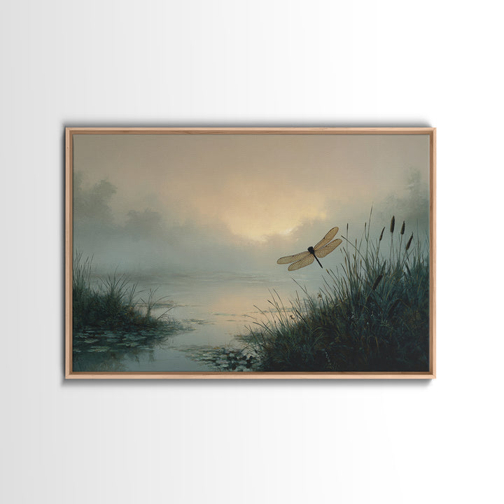 Dragonfly over a Pond with Reeds Canvas Print, Nature Art, Original Painting, Living Room Decor, Oil Painting, Nature, NAT-3x2-22