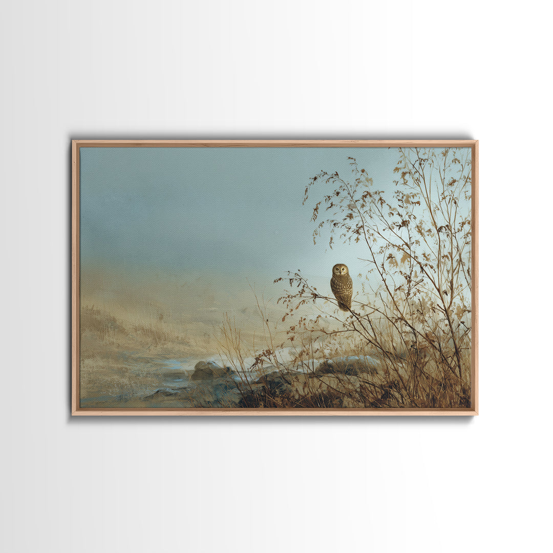 Owl in Moonlit Branches Framed Canvas Print, Nature Art, Watercolor Painting, Living Room Decor, Oil Painting, Nature, NAT-3x2-23