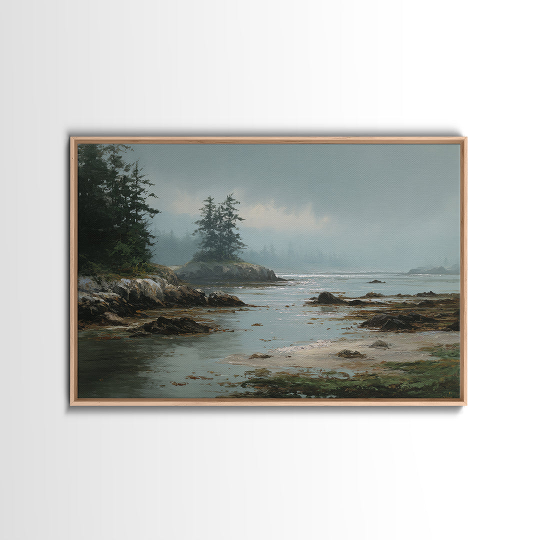Calm Beach Tide Pooling Around Rocks Framed Canvas Print, Nature Art, Artwork, Living Room Decor, Nature, Landscape Art, NAT-3x2-28