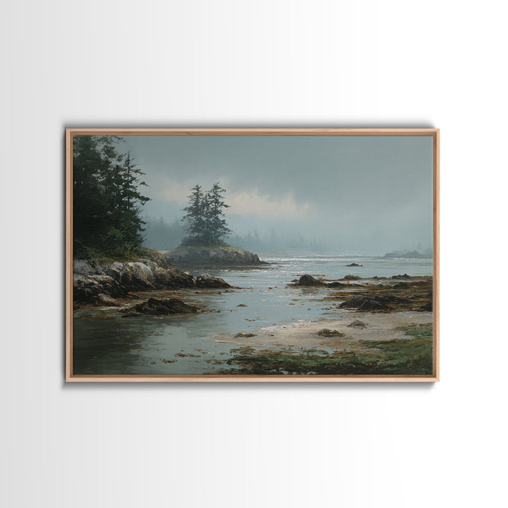 Calm Beach Tide Pooling Around Rocks Framed Canvas Print, Nature Art, Artwork, Living Room Decor, Nature, Landscape Art, NAT-3x2-28