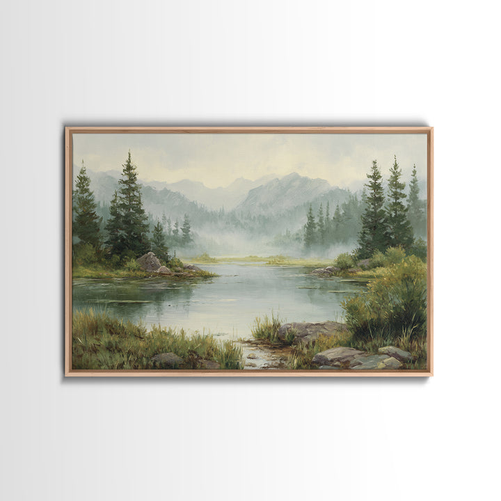 Misty Mountain Lake Canvas Print, Nature Art, Stained Glass Art, Living Room Decor, Nature, Modern Decor, Fine Art Print, NAT-3x2-33