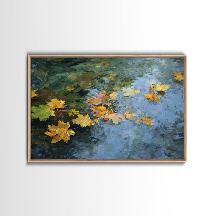 Autumn Leaves Floating on Quiet Stream Canvas Print, Nature Art, Modern Wall Art, Living Room Decor, Watercolor Art, Nature, NAT-3x2-34