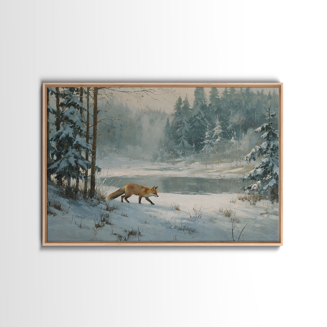 Fox Crossing a Snowy Forest Clearing Canvas Print, Nature Art, Wood Wall Art, Living Room Decor, Nature, Digital Download Art, NAT-3x2-38