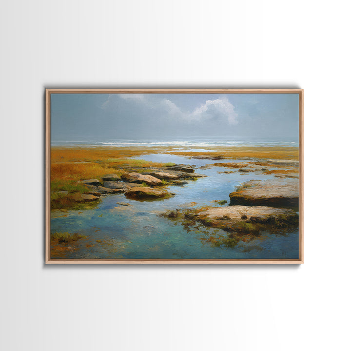 Calm Beach Tide Pooling Around Rocks Canvas Print, Nature Art, Living Room Decor, Oil Painting, Nature, Modern Wall Art, NAT-3x2-4