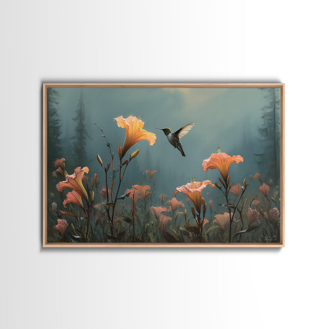 Hummingbird Beside Bright Trumpet Flowers Canvas Print, Nature Art, Living Room Wall Art, Living Room Decor, Nature, NAT-3x2-40