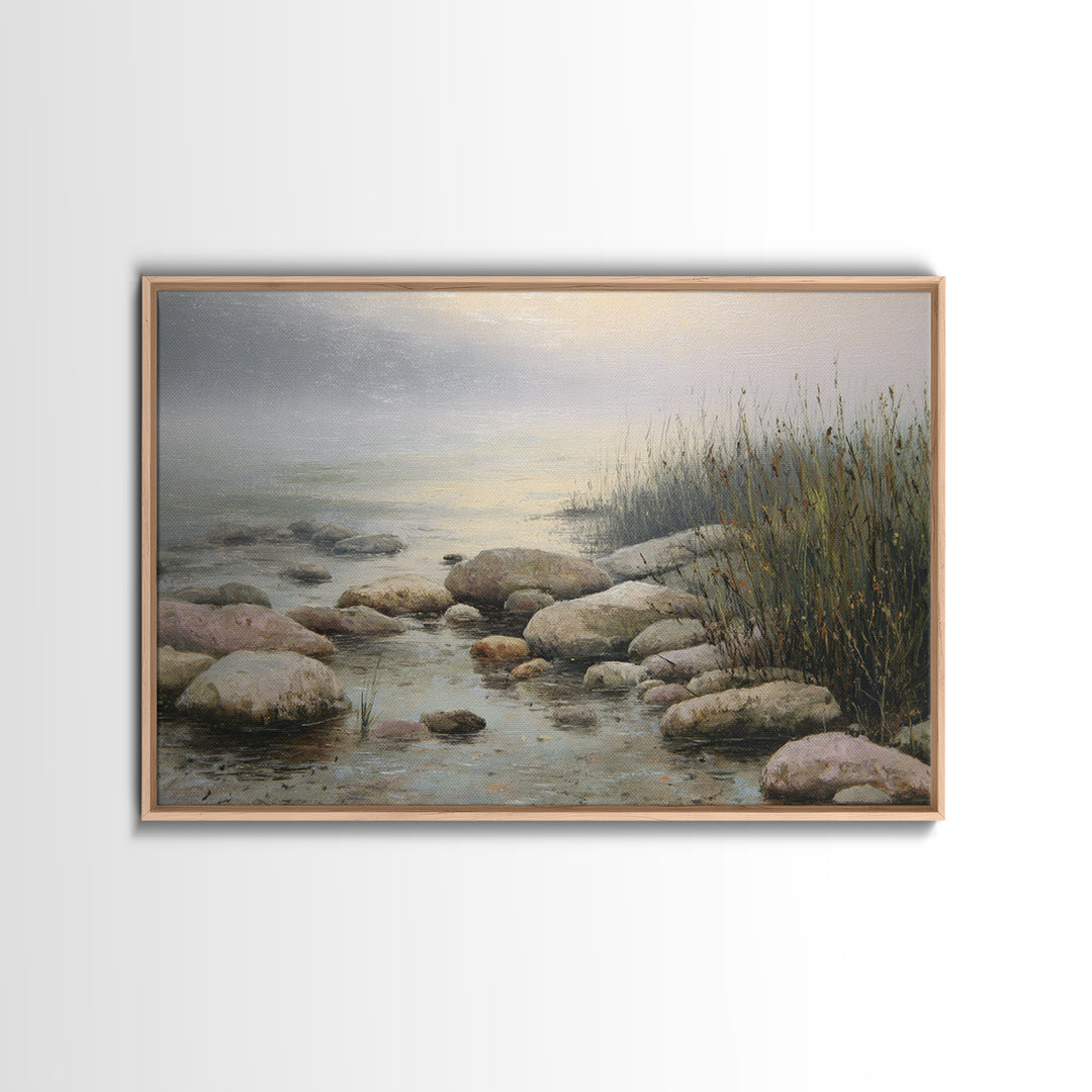 River Stones under Clear Shallow Water Framed Canvas Print, Nature Art, Moss Art, Living Room Decor, Watercolor Art, Nature, NAT-3x2-41