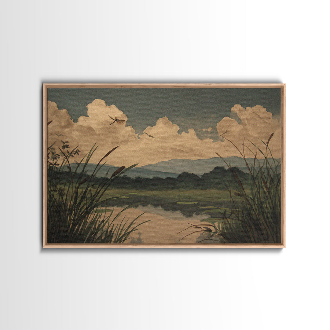 Dragonfly over a Pond with Reeds Framed Canvas Print, Nature Art, Abstract Wall Art, Living Room Decor, Fine Art, Nature, NAT-3x2-46