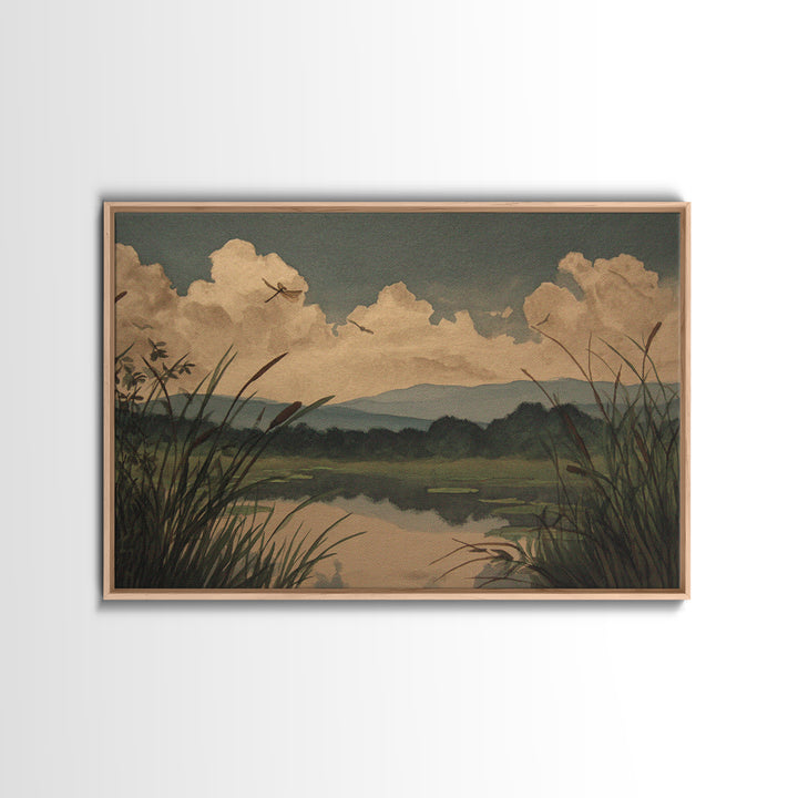 Dragonfly over a Pond with Reeds Framed Canvas Print, Nature Art, Abstract Wall Art, Living Room Decor, Fine Art, Nature, NAT-3x2-46