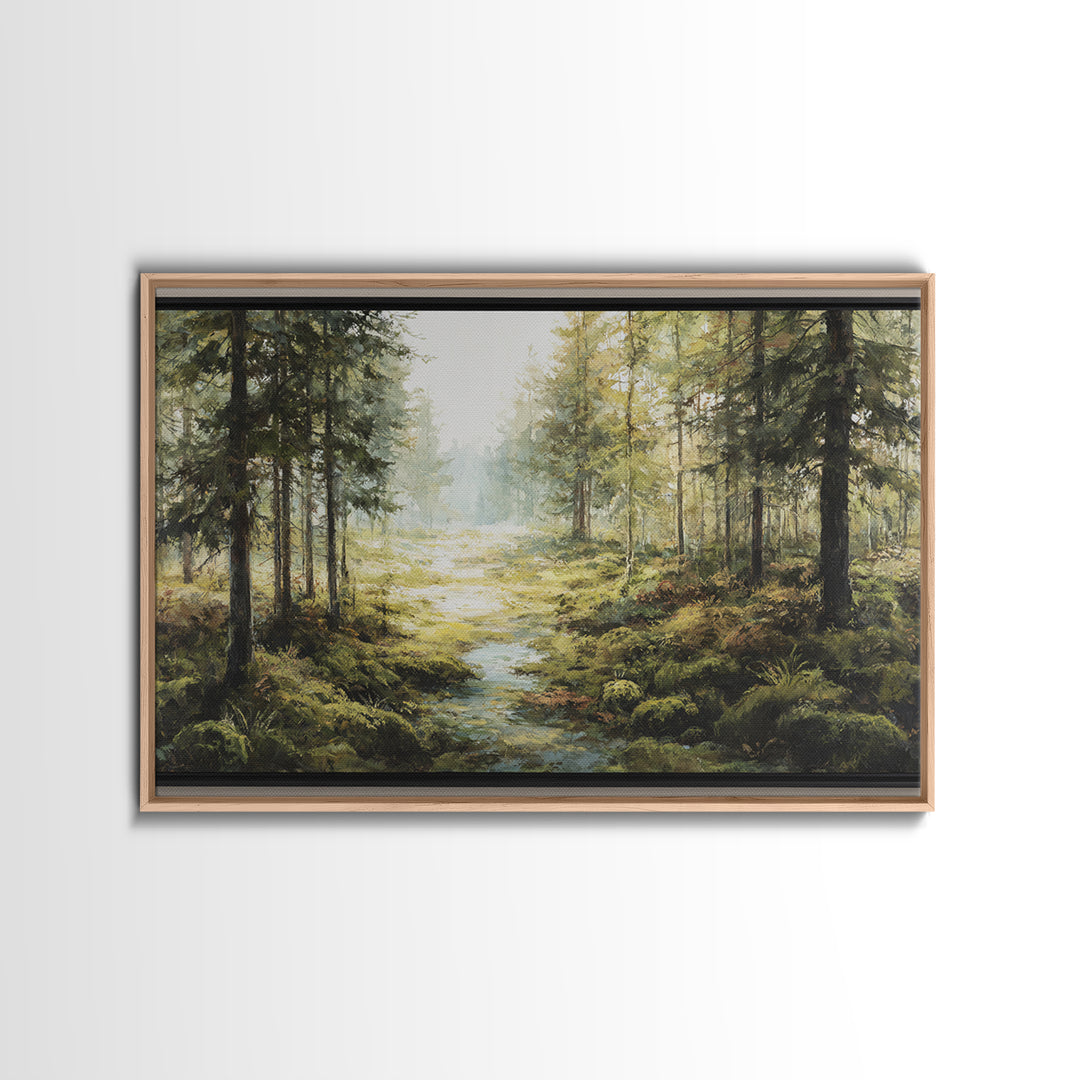 Sunlit Forest Path Framed Canvas Print, Nature Art, Living Room Wall Art, Living Room Decor, Oil Painting, Nature, NAT-3x2-5
