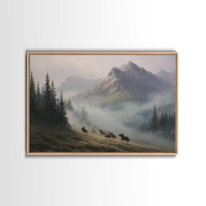 Wild Horses Running Near Mountain Ridge Framed Canvas Print, Nature Art, 3d Wall Art, Living Room Decor, Fine Art, Nature, NAT-3x2-50