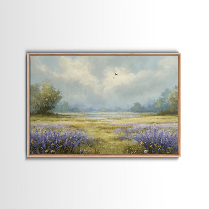 Bees Circling Lavender Blossoms Canvas Print, Nature Art, Digital Download Art, Living Room Decor, Nature, Luxury Decor, NAT-3x2-51