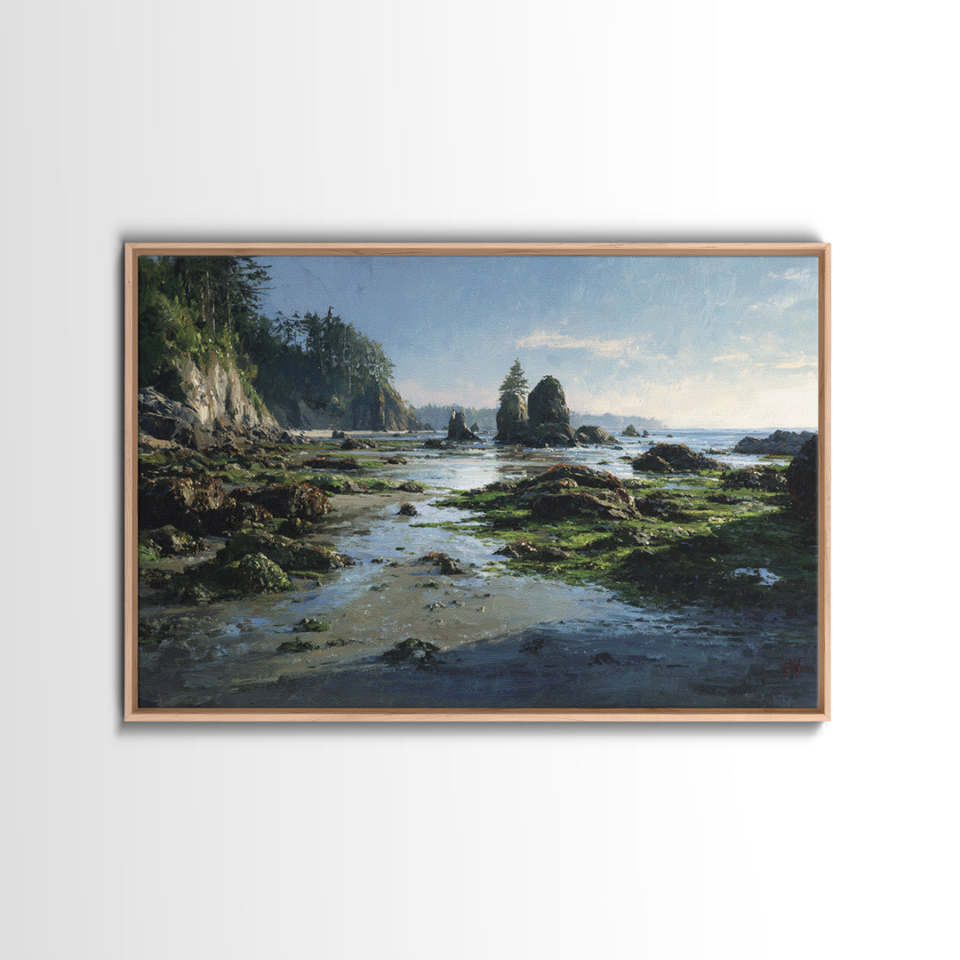 Calm Beach Tide Pooling Around Rocks Canvas Print, Nature Art, Watercolor Painting, Living Room Decor, Abstract Art, Nature, NAT-3x2-52