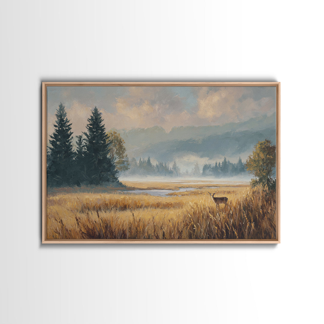 Deer Standing in a Golden Field Framed Canvas Print, Nature Art, Mountain Art, Living Room Decor, Nature, Minimalist Decor, NAT-3x2-60
