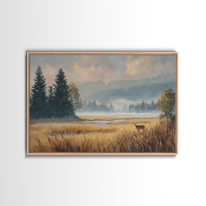 Deer Standing in a Golden Field Framed Canvas Print, Nature Art, Mountain Art, Living Room Decor, Nature, Minimalist Decor, NAT-3x2-60