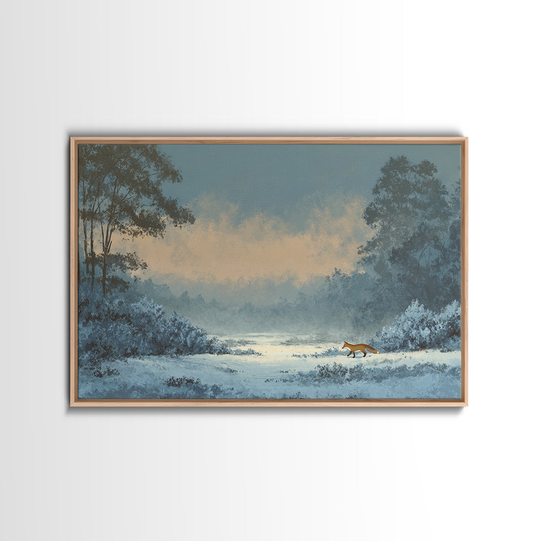 Fox Crossing a Snowy Forest Clearing Canvas Print, Nature Art, Wood Wall Art, Living Room Decor, Nature, Digital Download Art, NAT-3x2-62