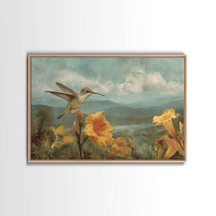 Hummingbird Beside Bright Trumpet Flowers Framed Canvas Print, Nature Art, Gallery Decor, Living Room Decor, Fine Art, Nature, NAT-3x2-64