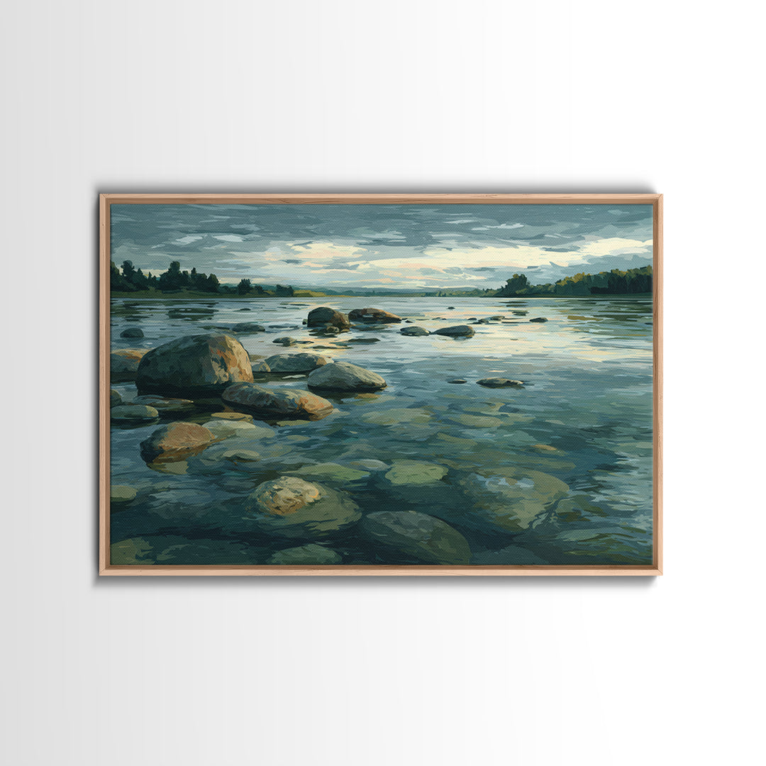 River Stones under Clear Shallow Water Framed Canvas Print, Nature Art, Moss Art, Living Room Decor, Watercolor Art, Nature, NAT-3x2-65