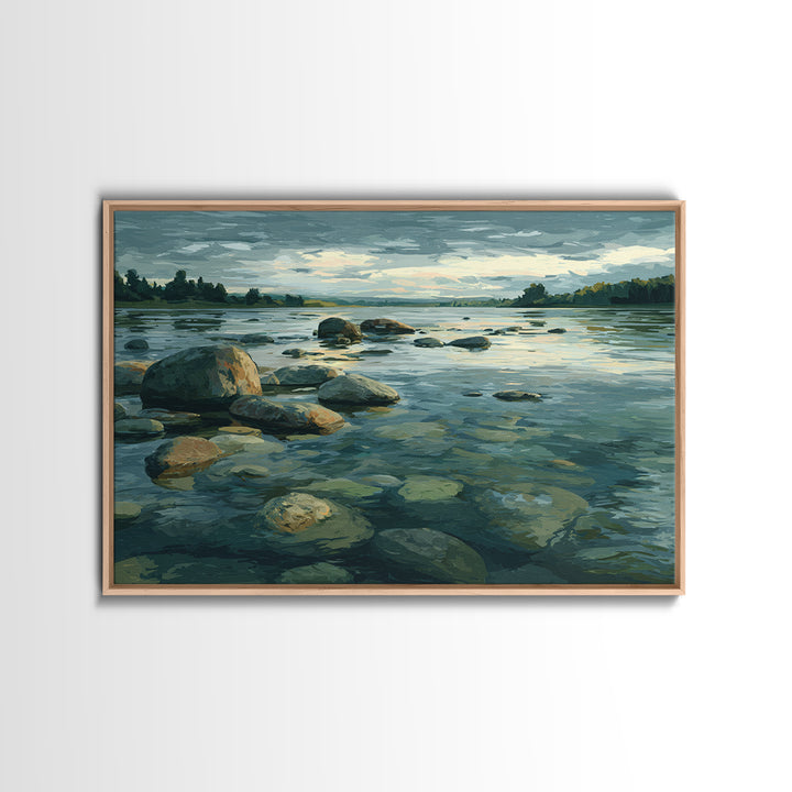 River Stones under Clear Shallow Water Framed Canvas Print, Nature Art, Moss Art, Living Room Decor, Watercolor Art, Nature, NAT-3x2-65