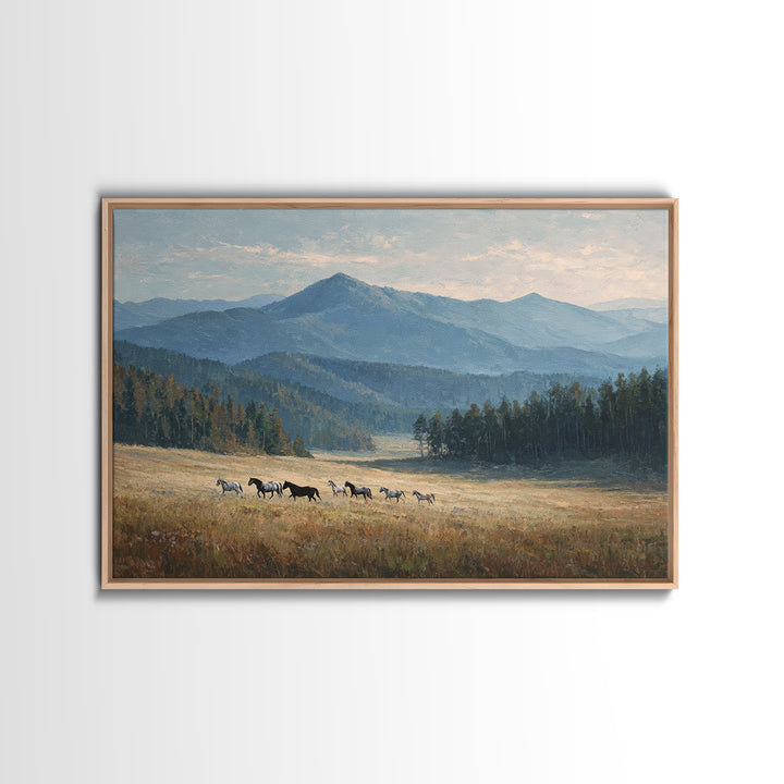 Wild Horses Running Near Mountain Ridge Framed Canvas Print, Nature Art, 3d Wall Art, Living Room Decor, Fine Art, Nature, NAT-3x2-74