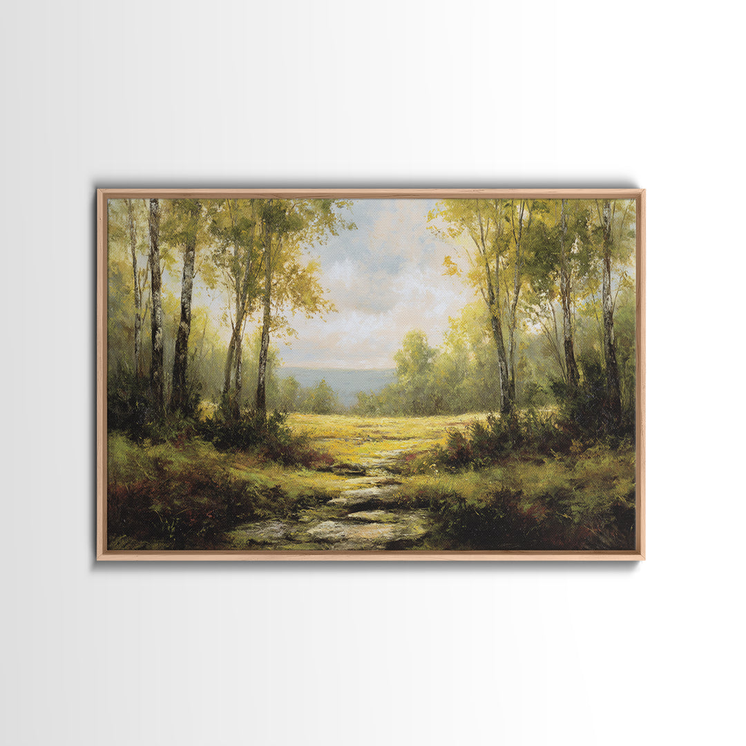 Sunlit Forest Path Framed Canvas Print, Nature Art, Gallery Decor, Living Room Decor, Fine Art, Nature, Contemporary Art, NAT-3x2-77