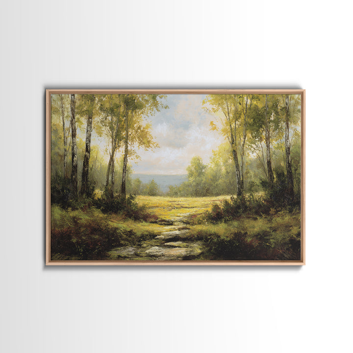 Sunlit Forest Path Framed Canvas Print, Nature Art, Gallery Decor, Living Room Decor, Fine Art, Nature, Contemporary Art, NAT-3x2-77