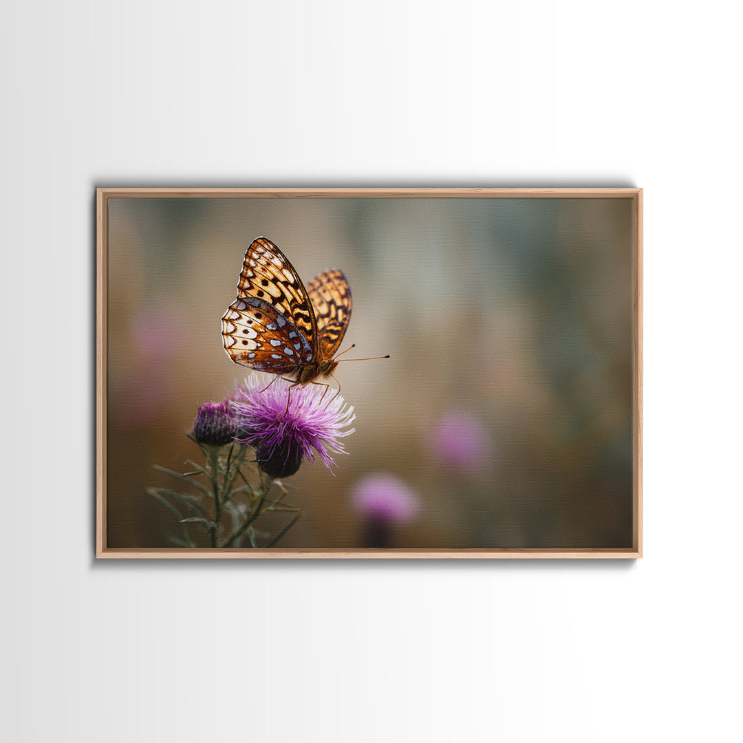 Butterfly Resting on a Blooming Thistle Framed Canvas Print, Nature Art, Framed Art, Living Room Decor, Oil Painting, Nature, NAT-3x2-8