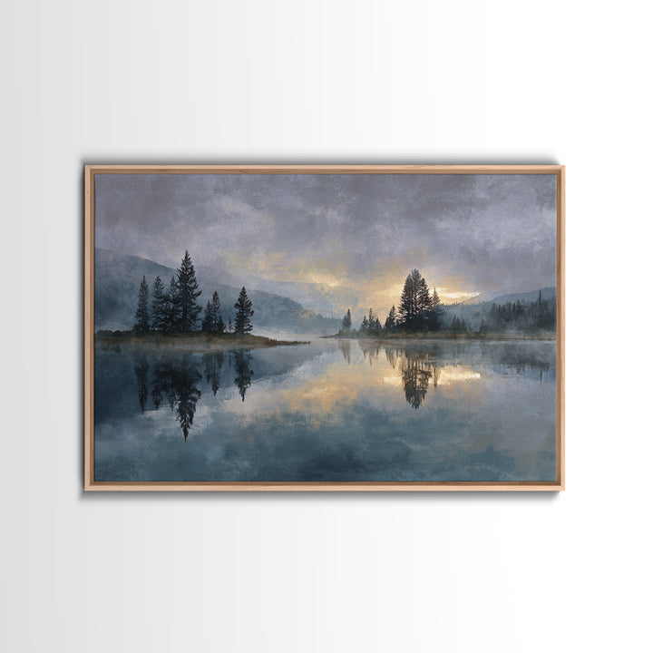 Misty Mountain Lake Framed Canvas Print, Nature Art, Abstract Wall Art, Living Room Decor, Oil Painting, Nature, Bird Wall Art, NAT-3x2-9
