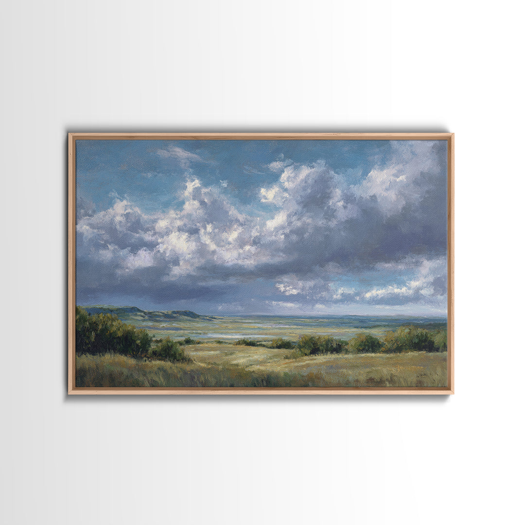 Storm Clouds over a Rolling Prairie Framed Canvas Print, Nature Art, Living Room Wall Art, Living Room Decor, Fine Art, Nature, NAT-3x2-90