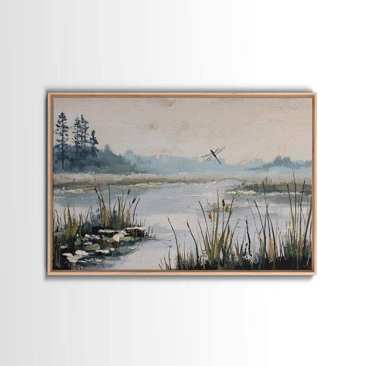 Dragonfly over a Pond with Reeds Canvas Print, Nature Art, Stained Glass Art, Living Room Decor, Abstract Art, Nature, NAT-3x2-94