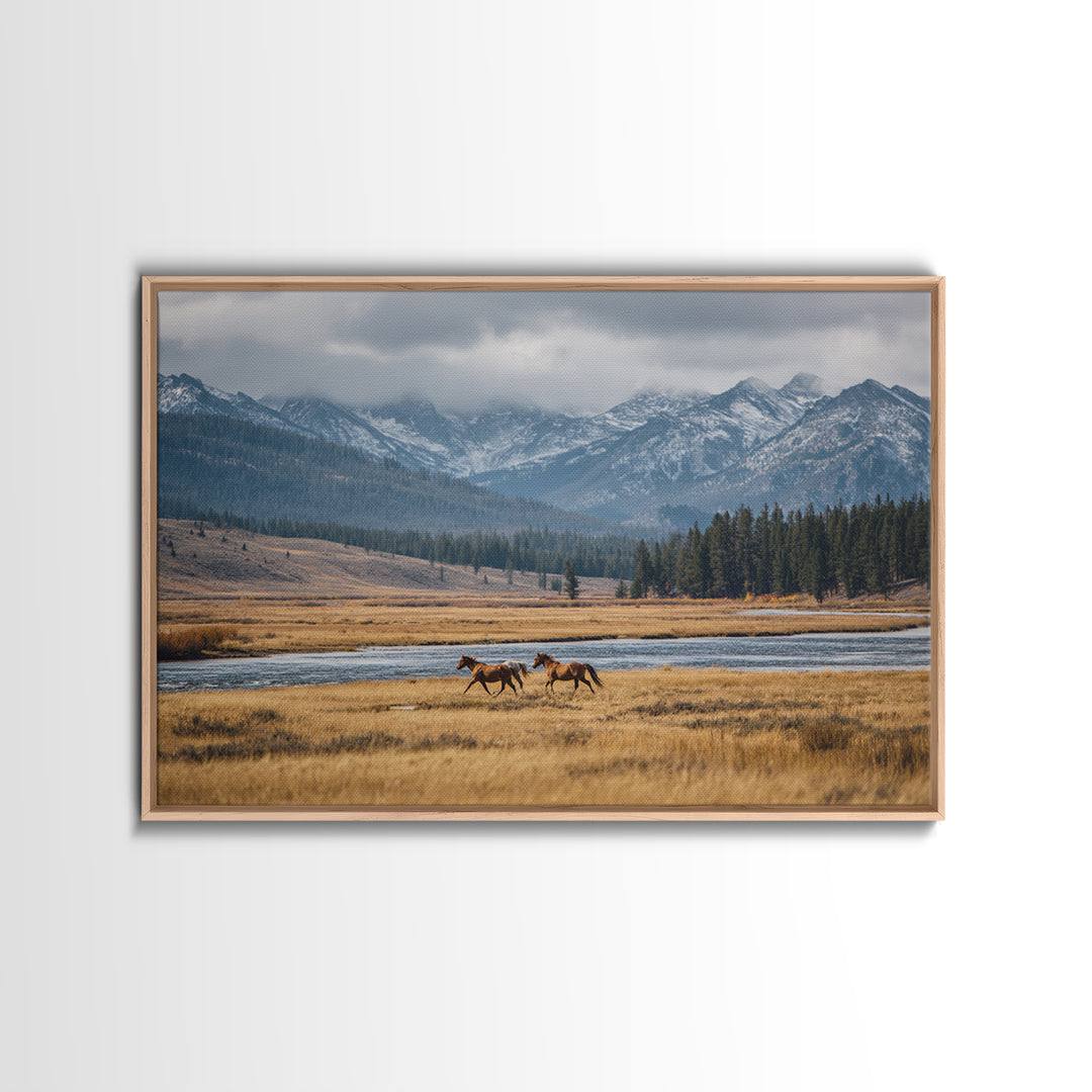 Wild Horses Running Near Mountain Ridge Canvas Print, Nature Art, Mountain Wall Art, Living Room Decor, Oil Painting, Nature, NAT-3x2-98
