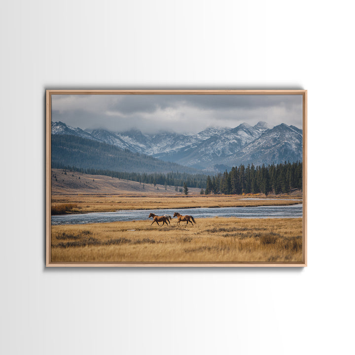 Wild Horses Running Near Mountain Ridge Canvas Print, Nature Art, Mountain Wall Art, Living Room Decor, Oil Painting, Nature, NAT-3x2-98