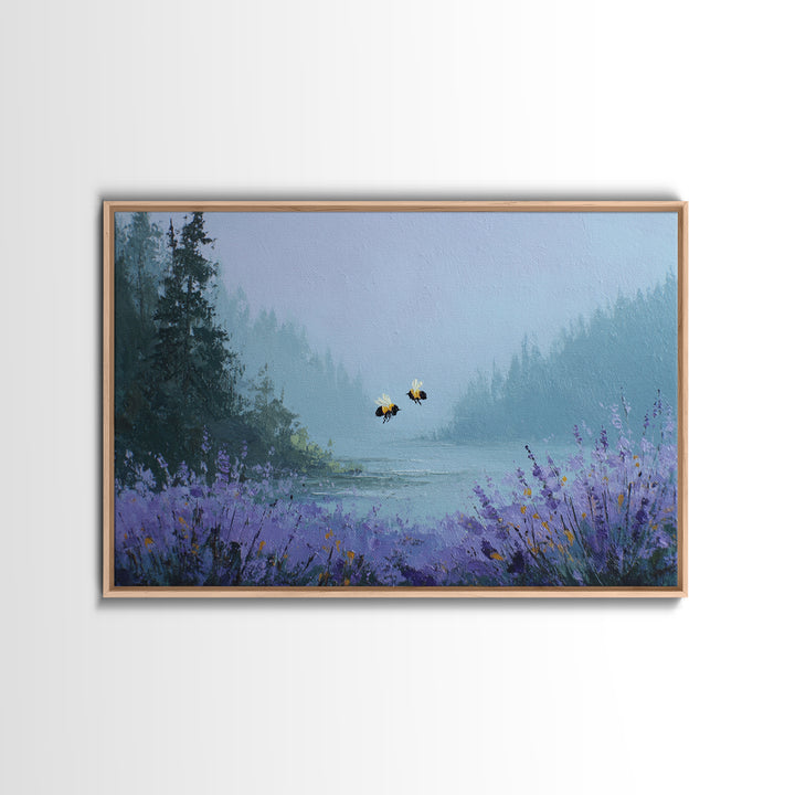 Bees Circling Lavender Blossoms Framed Canvas Print, Nature Art, Minimalist Decor, Living Room Decor, Fine Art, Nature, NAT-3x2-99