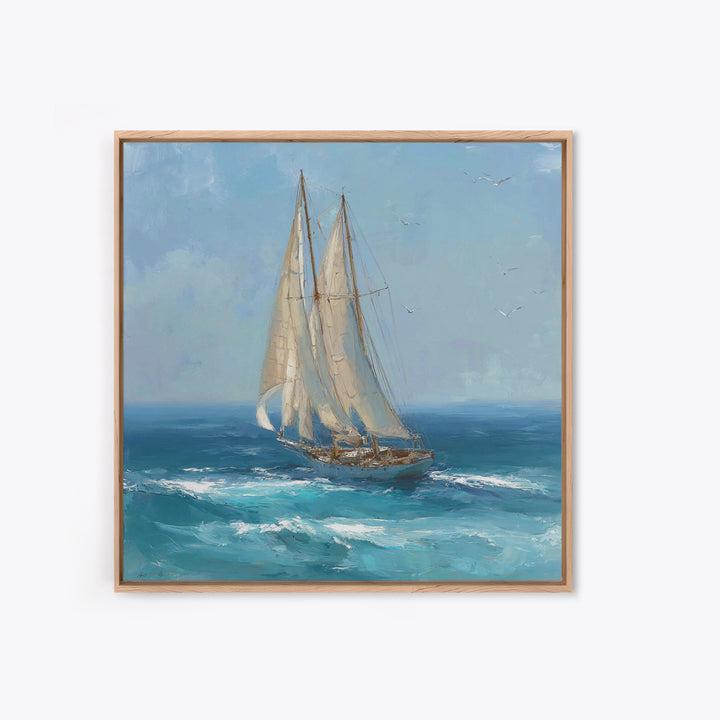 Sailboat Leaning into Wind on Blue Water Framed Canvas Print, Nautical Art, Modern Decor, Coastal Decor, Fine Art, Harbor, NAU-1x1-1