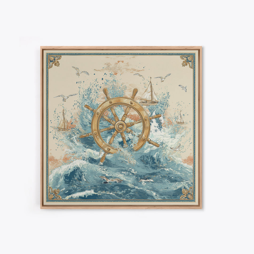 Ship Wheel with Sea Spray Background Framed Canvas Print, Nautical Art, Nautical, Coastal Decor, Fine Art, Harbor, Modern Decor, NAU-1x1-39