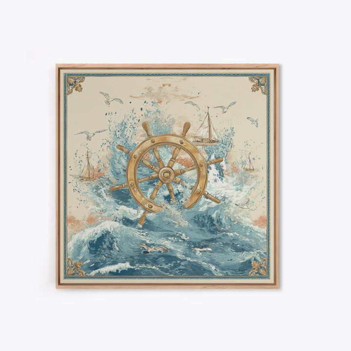 Ship Wheel with Sea Spray Background Framed Canvas Print, Nautical Art, Nautical, Coastal Decor, Fine Art, Harbor, Modern Decor, NAU-1x1-39