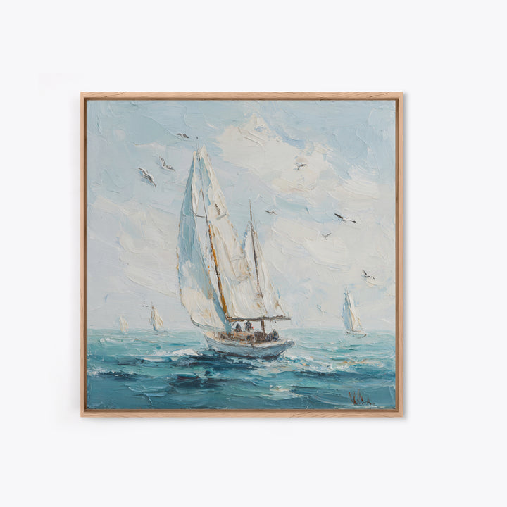 Classic Yacht Racing Through Whitecaps Framed Canvas Print, Nautical Art, Coastal Decor, Oil Painting, Harbor, Fine Art Print, NAU-1x1-43